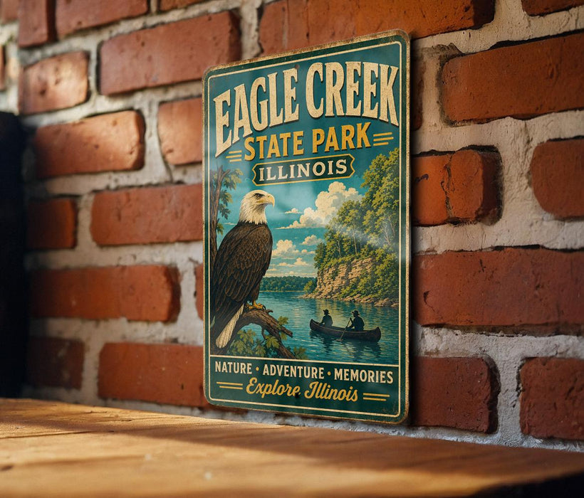 A vintage-style metal sign for Eagle Creek State Park in Illinois, featuring an eagle and a river scene.