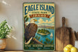 A vintage-style metal sign for Eagle Island State Park in Idaho, featuring an eagle perched on a tree branch with a lake and mountains in the background.