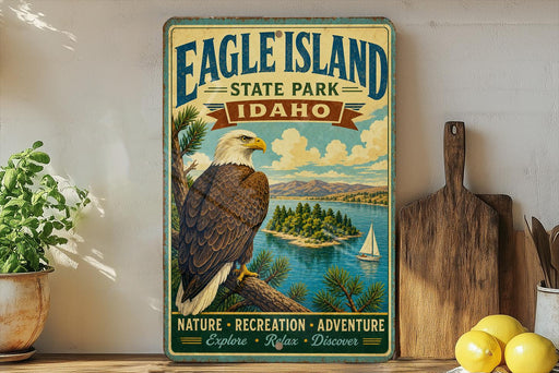 A vintage-style metal sign for Eagle Island State Park in Idaho, featuring an eagle perched on a tree branch with a lake and mountains in the background.