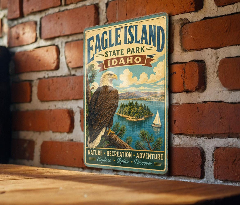 A vintage-style metal sign for Eagle Island State Park in Idaho, featuring an eagle perched on a tree branch with a lake and mountains in the background.