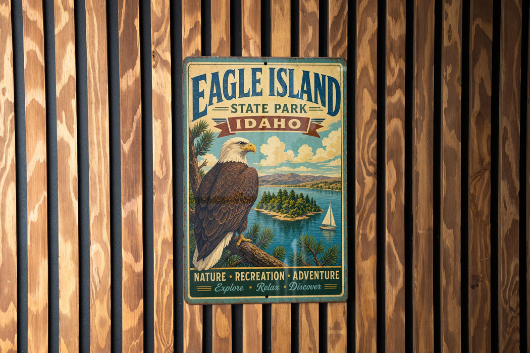 A vintage-style metal sign for Eagle Island State Park in Idaho, featuring an eagle perched on a tree branch and a scenic landscape.