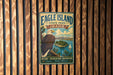A vintage-style metal sign for Eagle Island State Park in Idaho, featuring an eagle perched on a tree branch and a scenic landscape.