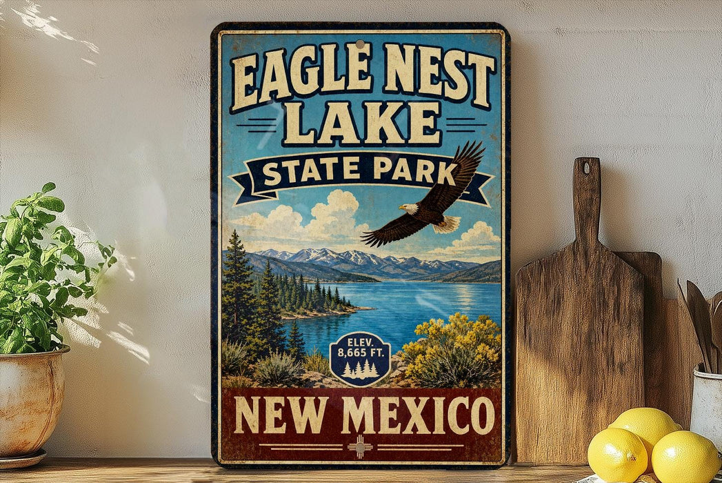 A vintage-style sign for Eagle Nest Lake State Park in New Mexico, featuring a scenic landscape with a bald eagle in flight.