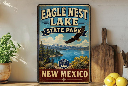 A vintage-style sign for Eagle Nest Lake State Park in New Mexico, featuring a scenic landscape with a bald eagle in flight.