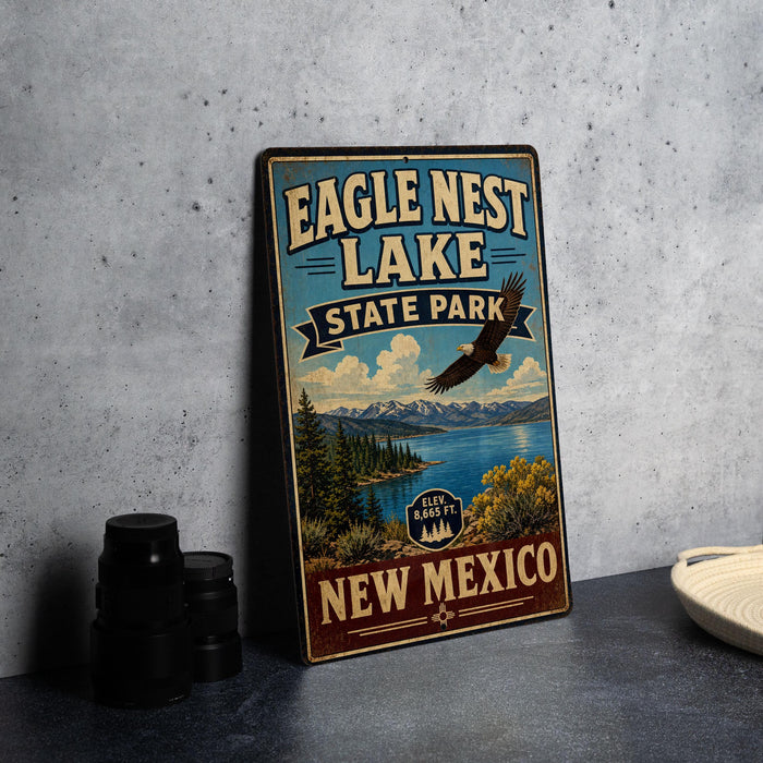 A vintage-style sign for Eagle Nest Lake State Park in New Mexico, featuring an eagle in flight and a scenic landscape.