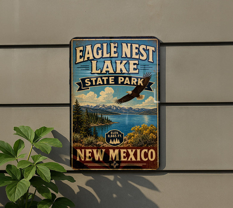 A vintage-style sign for Eagle Nest Lake State Park in New Mexico, featuring a scenic landscape with mountains, trees, and a bird in flight.