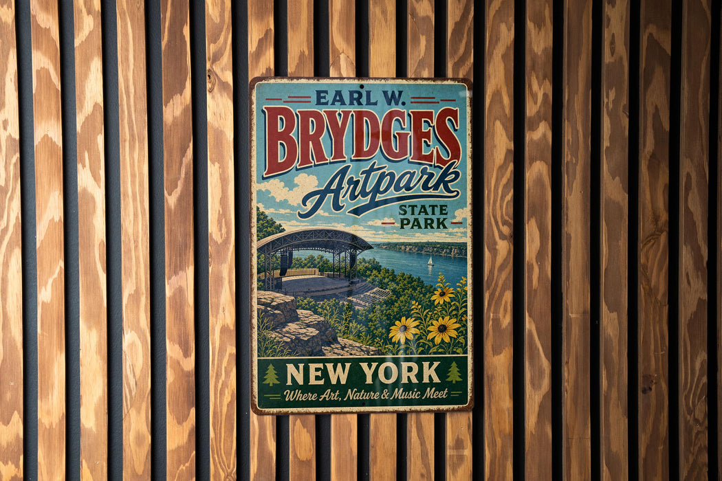 A vintage-style metal sign for "Earl W. Brydges Artpark" in New York, featuring a scenic landscape with a bridge and flowers.