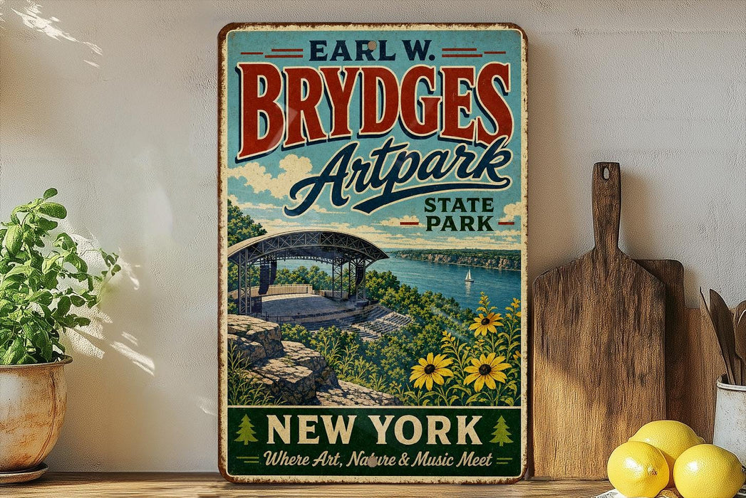 A vintage-style sign for "Brydges Artpark" in New York, featuring a scenic view of the park and a bridge.