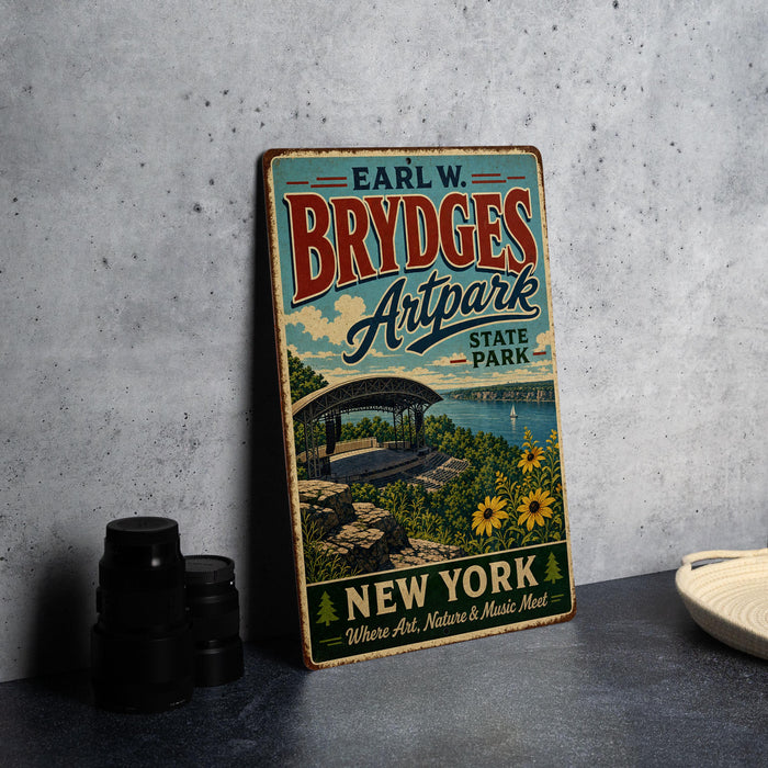 A vintage-style sign for "Earl W. Brydges Artpark" in New York, featuring an illustration of a bridge and a scenic landscape.