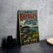 A vintage-style sign for "Earl W. Brydges Artpark" in New York, featuring an illustration of a bridge and a scenic landscape.