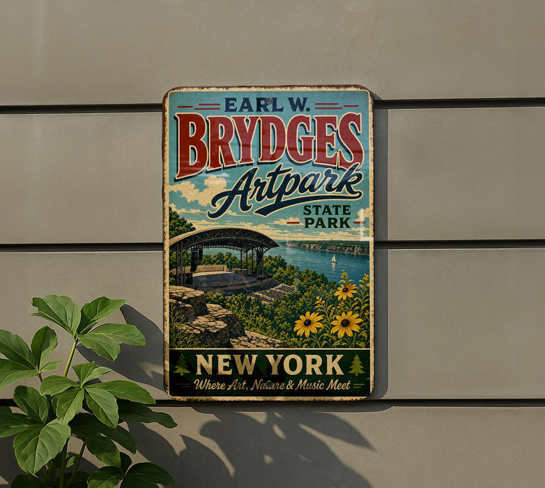 A vintage-style metal sign for "Earl W. Brydges Artpark State Park New York" is displayed on a wall, featuring a scenic image of a bridge and a river.