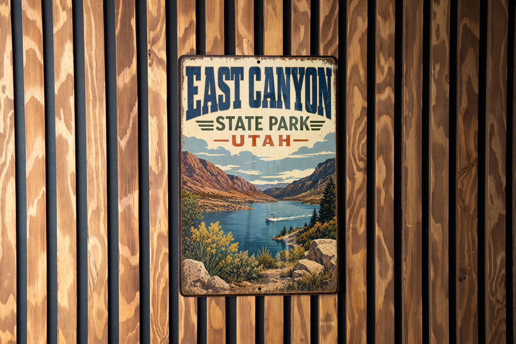 A vintage metal sign for East Canyon State Park in Utah, featuring a scenic landscape with mountains, a lake, and a boat.