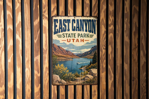 A vintage metal sign for East Canyon State Park in Utah, featuring a scenic landscape with mountains, a lake, and a boat.