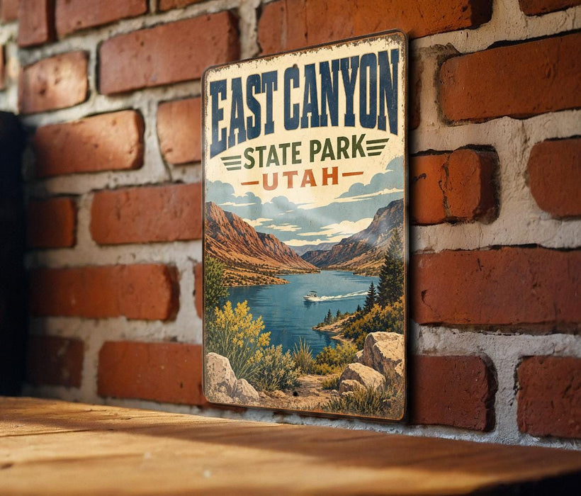 A vintage-style metal sign displaying the name "East Canyon State Park Utah" is mounted on a brick wall.