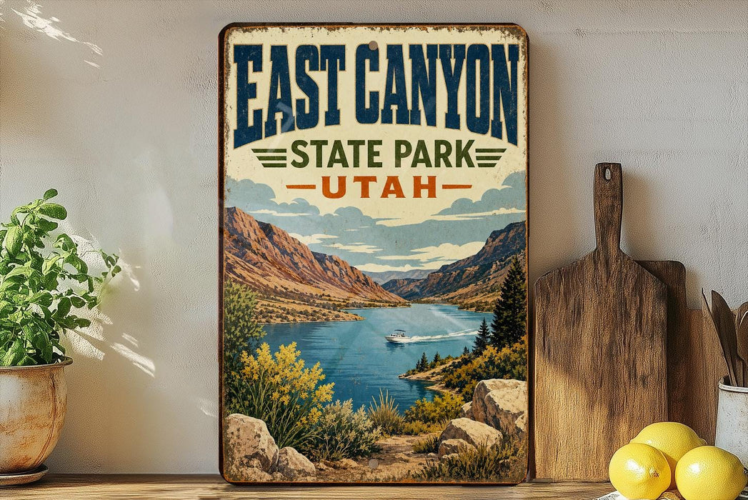 A vintage-style poster of East Canyon State Park in Utah, featuring a scenic landscape with mountains, a lake, and a boat on the water.