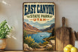 A vintage-style poster of East Canyon State Park in Utah, featuring a scenic landscape with mountains, a lake, and a boat on the water.
