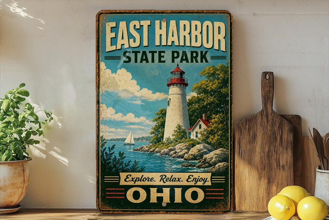 A vintage-style sign for East Harbor State Park in Ohio, featuring a lighthouse and a scenic landscape.