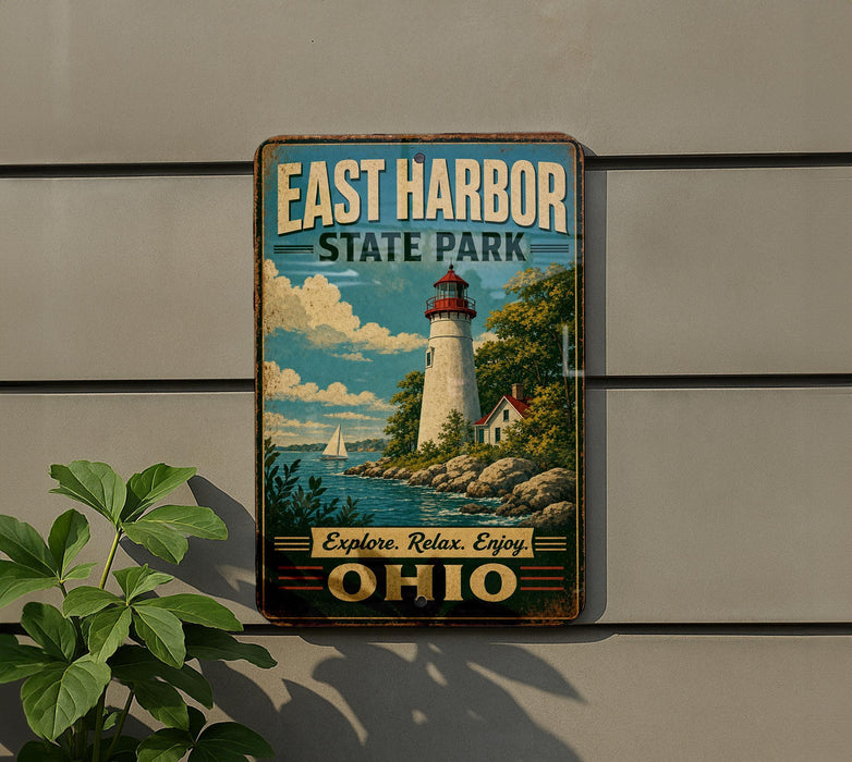 A vintage-style sign for East Harbor State Park in Ohio, featuring a lighthouse and a scenic landscape.