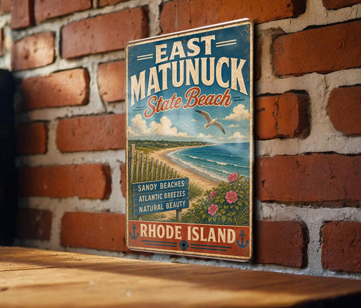 A vintage-style metal sign for East Matunuck State Beach, featuring a beach scene with a bird flying overhead and text describing the location.