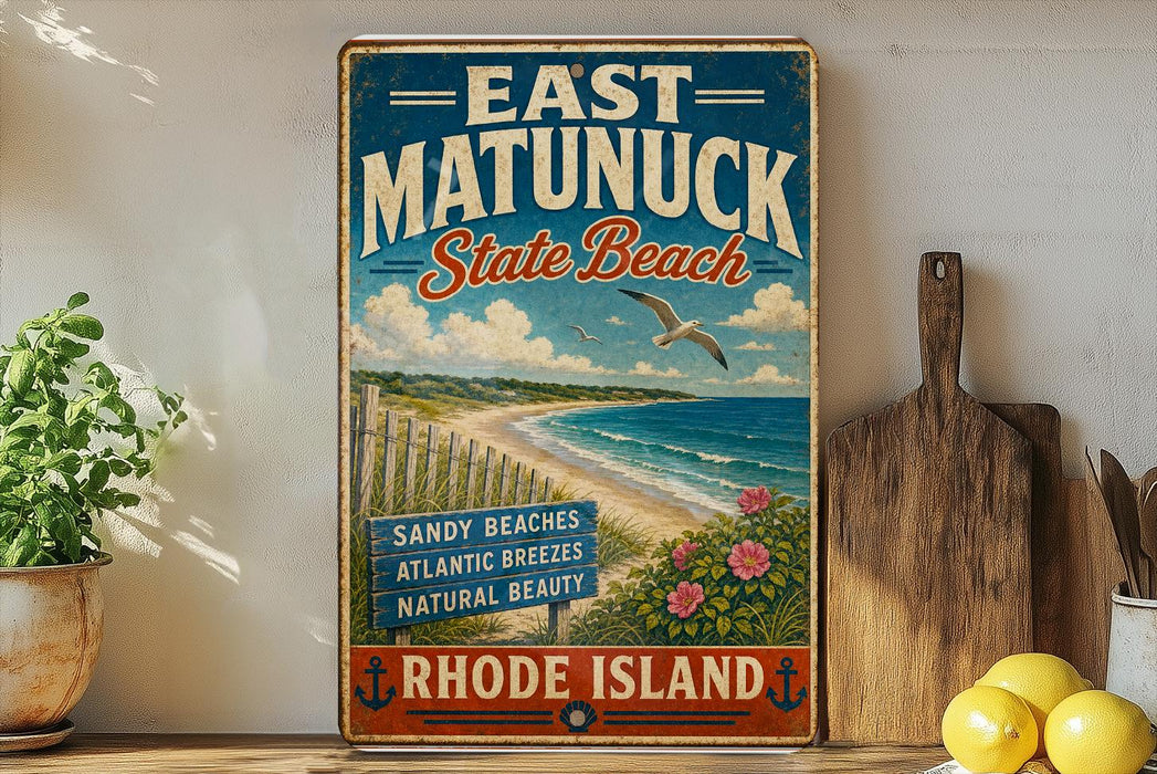 A vintage-style sign for East Matunuck State Beach, featuring a beach scene with a wooden fence, a bird, and a blue sky with clouds.