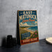 A vintage-style sign for East Matunuck State Beach, featuring a beach scene with a bird flying overhead and text describing the location.