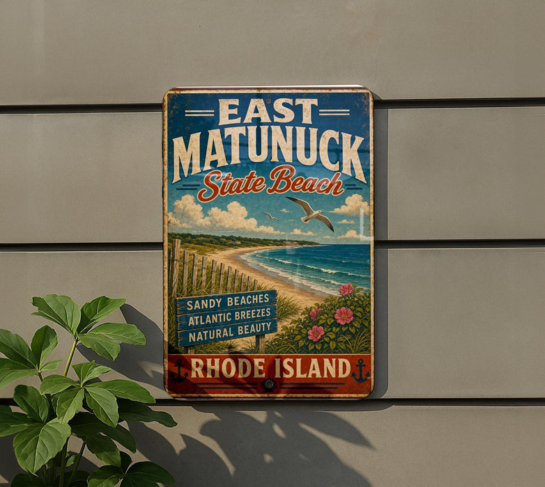 A vintage metal sign for East Matunuck State Beach, featuring a beach scene with a bird flying overhead and a fence along the shoreline.