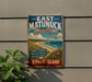 A vintage metal sign for East Matunuck State Beach, featuring a beach scene with a bird flying overhead and a fence along the shoreline.