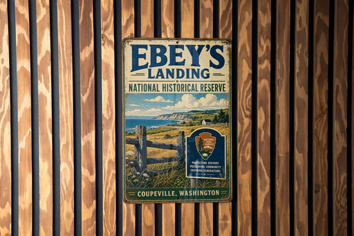 a vintage metal sign for the National Historical Reserve, specifically Ebey's Landing, located in Coupeville, Washington.