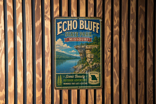 A vintage-style metal sign for Echo Bluff State Park in Missouri, featuring a scenic landscape with a cliff overlooking a lake.