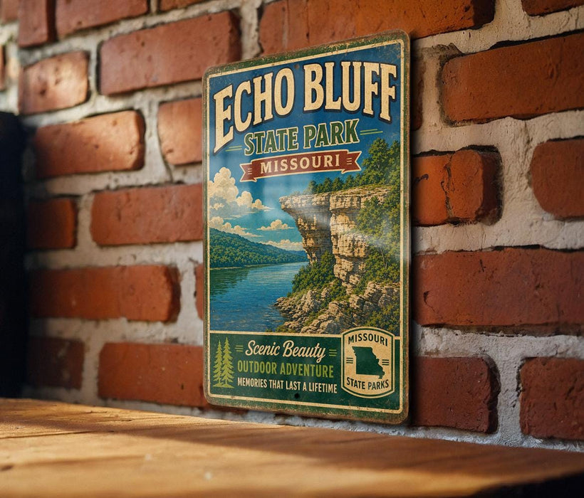 A vintage-style metal sign for Echo Bluff State Park in Missouri, featuring a scenic landscape with a lake and cliffs.
