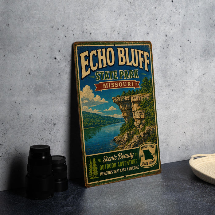 A vintage-style metal sign for Echo Bluff State Park in Missouri, featuring a scenic landscape with a lake and cliffs.