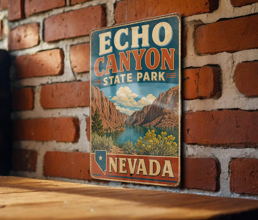 A vintage-style metal sign for Echo Canyon State Park in Nevada, featuring a scenic landscape with mountains, a lake, and desert vegetation.