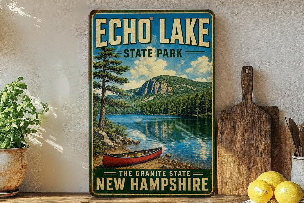 A vintage-style sign for Echo Lake State Park in New Hampshire, featuring a scenic image of a lake, mountains, and a canoe.