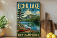A vintage-style sign for Echo Lake State Park in New Hampshire, featuring a scenic image of a lake, mountains, and a canoe.