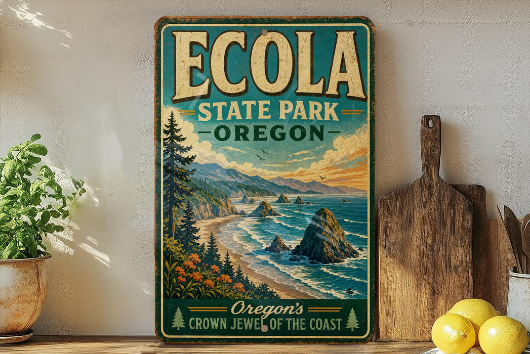 A vintage-style sign for Oregon State Park, featuring a scenic coastal landscape with mountains, pine trees, and a beach.