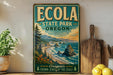 A vintage-style sign for Oregon State Park, featuring a scenic coastal landscape with mountains, pine trees, and a beach.