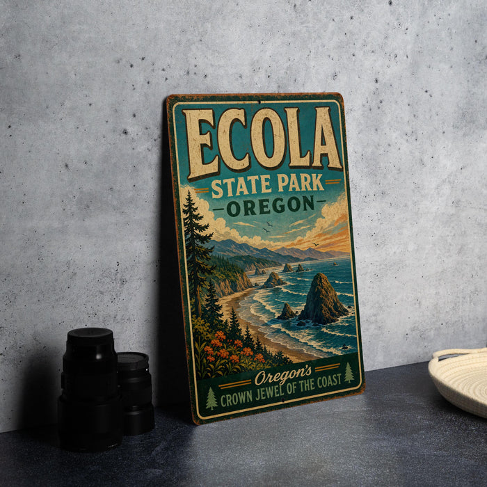 A vintage-style metal sign for Ecola State Park in Oregon, featuring a scenic landscape with mountains, forests, and a beach.