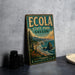 A vintage-style metal sign for Ecola State Park in Oregon, featuring a scenic landscape with mountains, forests, and a beach.