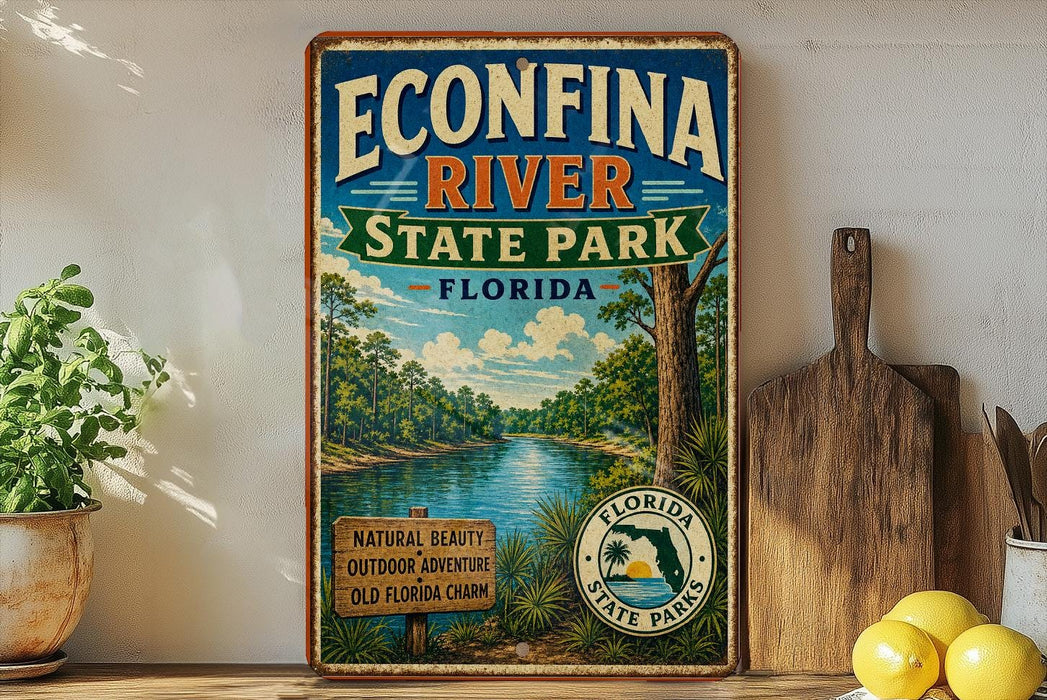 A vintage-style sign for Econfina River State Park in Florida, featuring a scenic illustration of the river surrounded by lush greenery.
