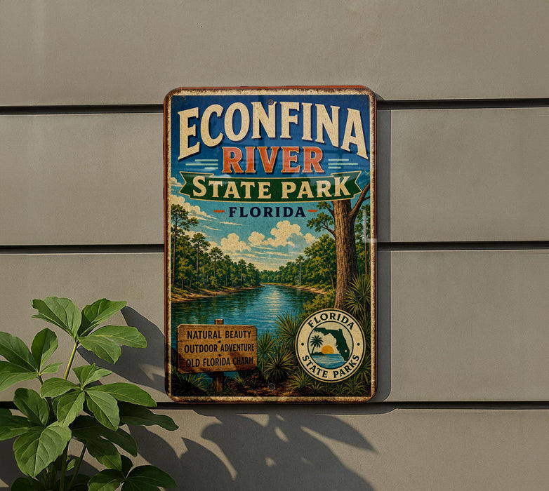 A vintage-style sign for Econfina River State Park in Florida, featuring a scenic illustration of the park's natural beauty and outdoor activities.