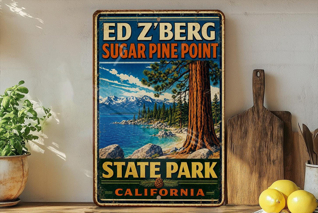 A vintage-style sign for Ed Z'berg Sugar Pine Point State Park, California, featuring a scenic image of a pine tree and mountains.