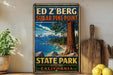 A vintage-style sign for Ed Z'berg Sugar Pine Point State Park, California, featuring a scenic image of a pine tree and mountains.