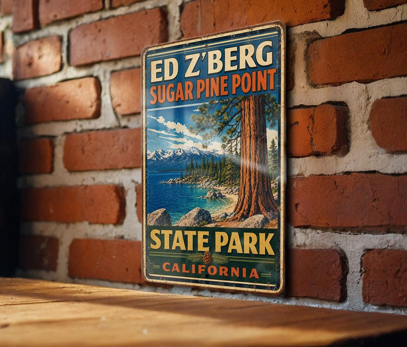 A vintage-style sign for Ed Zberg Sugar Pine Point State Park in California, featuring a scenic image of a pine tree and mountains.
