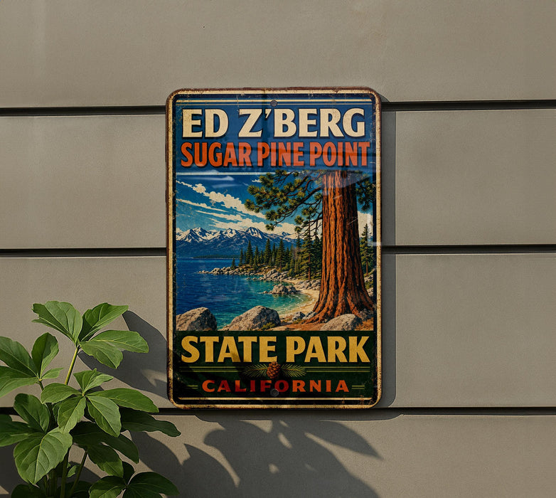 A vintage-style metal sign for Sugar Pine Point State Park in California, featuring a scenic landscape with a large tree, mountains, and a lake.