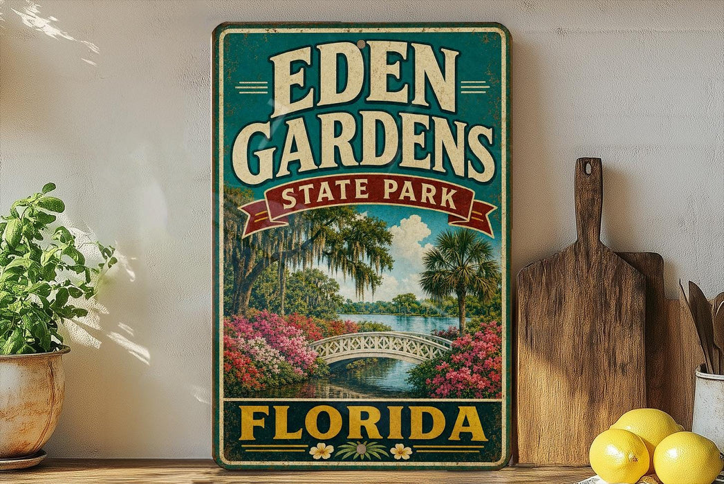 A vintage-style sign for Eden Gardens State Park in Florida, featuring a scenic illustration of a bridge, palm trees, and colorful flowers.