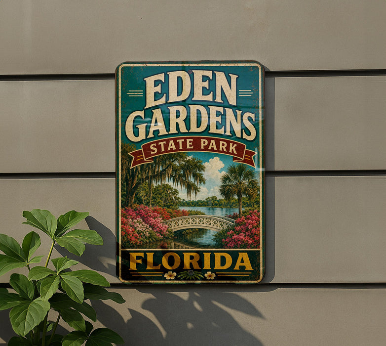 A vintage-style sign for Eden Gardens State Park in Florida, featuring a scenic illustration of a bridge, palm trees, and flowers.