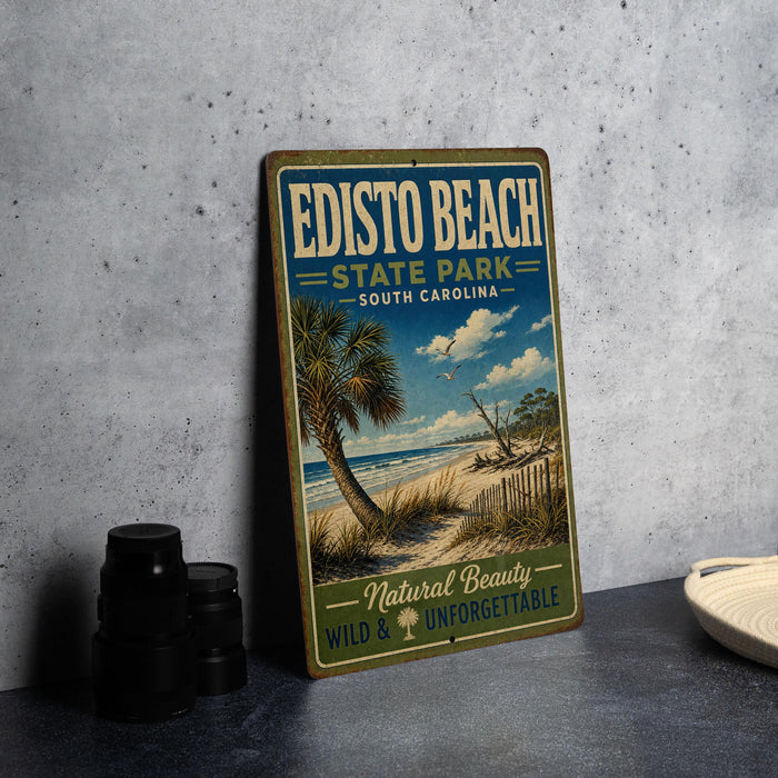 A vintage-style sign for Edisto Beach State Park in South Carolina, featuring a beach scene with palm trees and a clear blue sky.