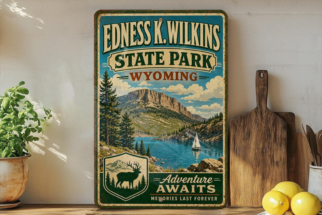 A vintage-style sign for Edness K. Wilkins State Park in Wyoming, featuring a scenic mountain landscape with a lake and a sailboat.