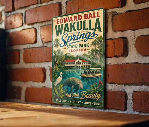 A vintage-style sign for Edward Ball Wakulla Springs, Florida, featuring a manatee, palm trees, and a building in the background.