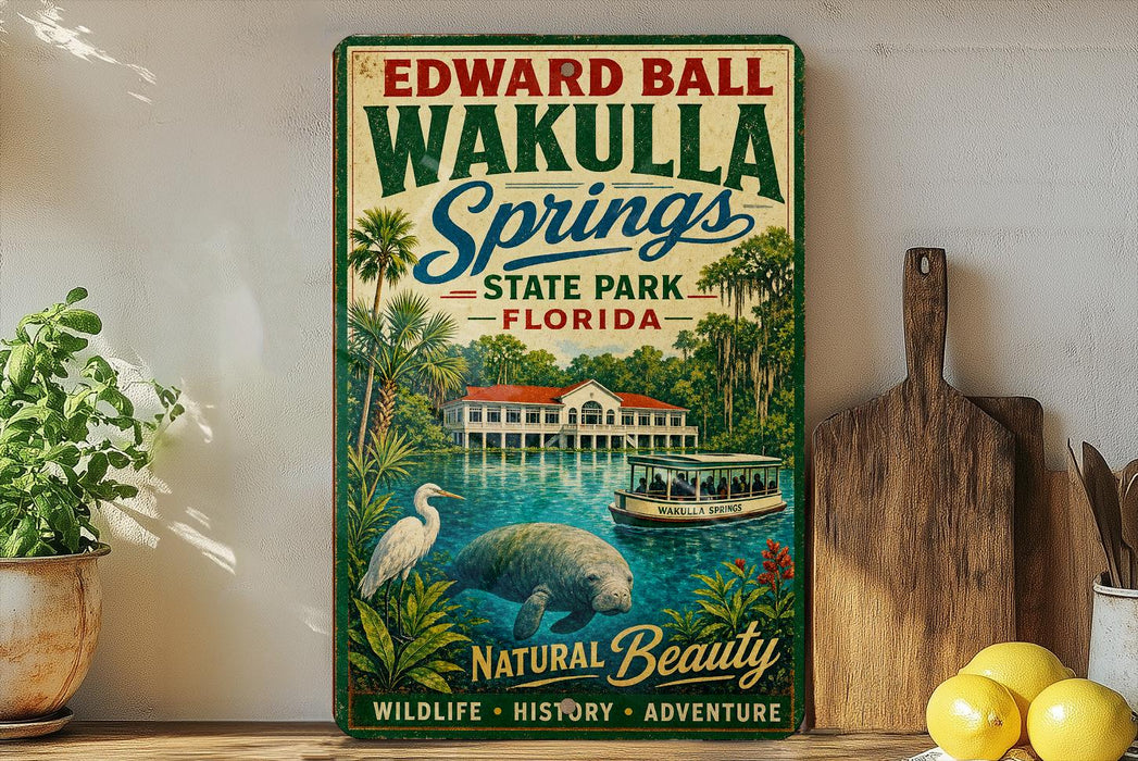 A vintage-style sign for Edward Ball Wakulla Springs State Park, Florida, featuring illustrations of a manatee, a boat, and a tropical landscape.